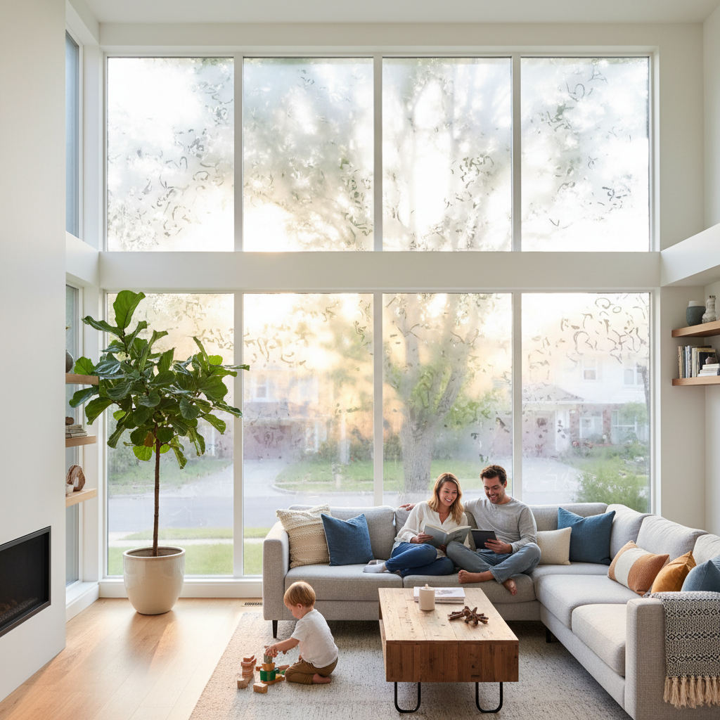 Bright living room with privacy window film, natural light, and obscured exterior view, enhancing home comfort and seclusion.