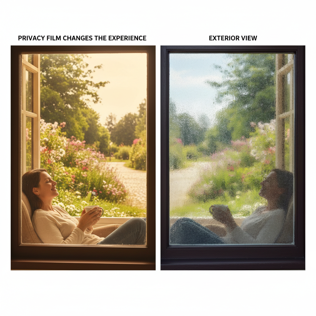 Dual image showing clear view from inside a tinted window and an obscured, reflective view from outside, demonstrating privacy film's effect.