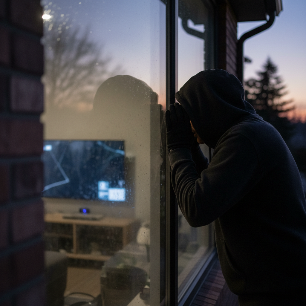 Exterior view of a window with privacy film, obscuring the interior and valuable items from a potential burglar's view.