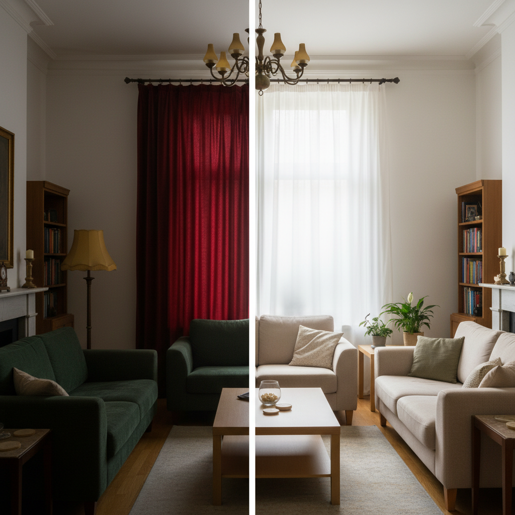 Comparison showing a dark living room with closed curtains versus a bright living room with privacy film, illustrating the benefit of natural light.