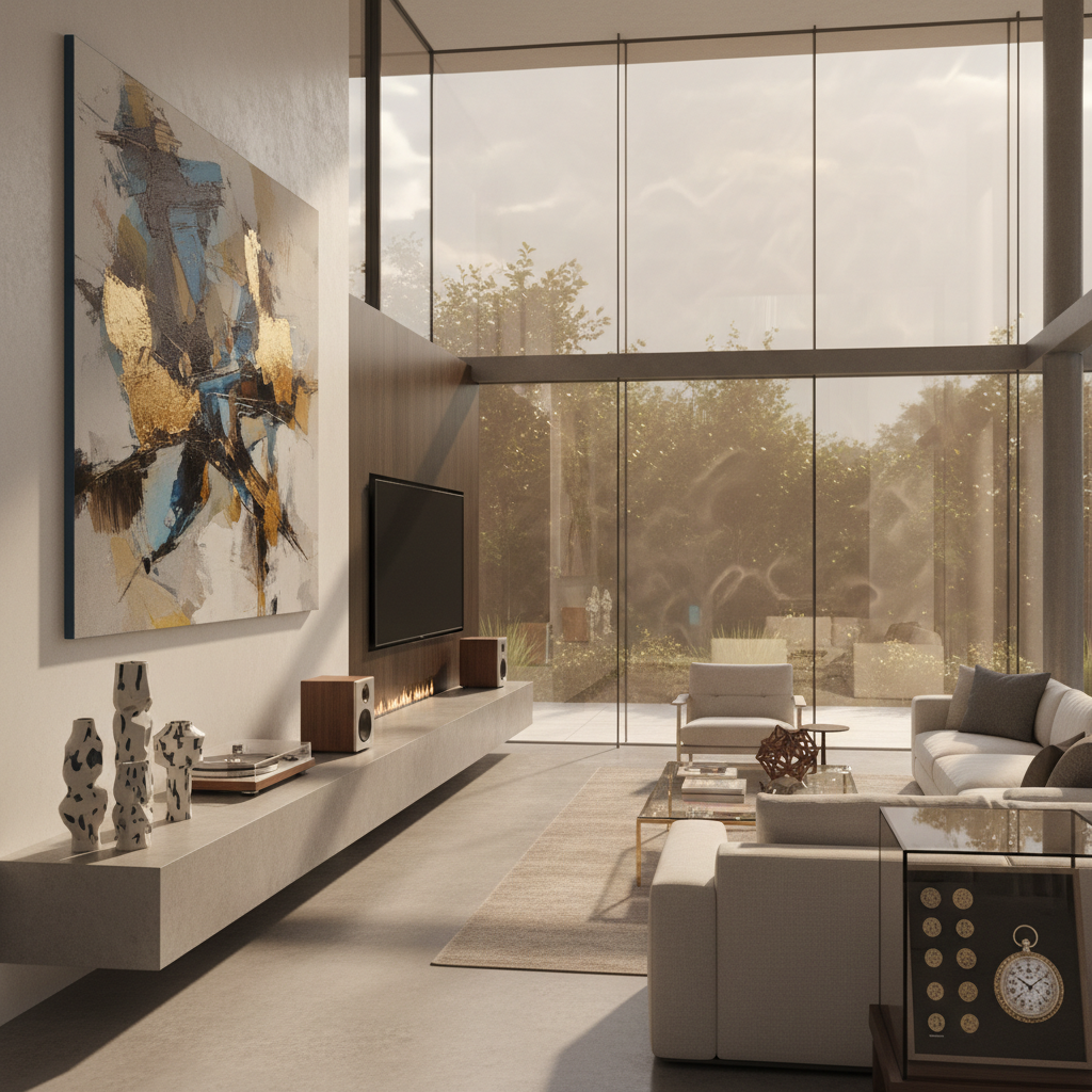 Stylish home interior showcasing valuables through subtly tinted windows, implying security and privacy from potential onlookers.