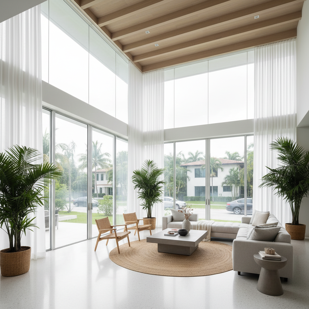 Bright, open living room in a South Florida home with large glass doors, showing visibility from outside.