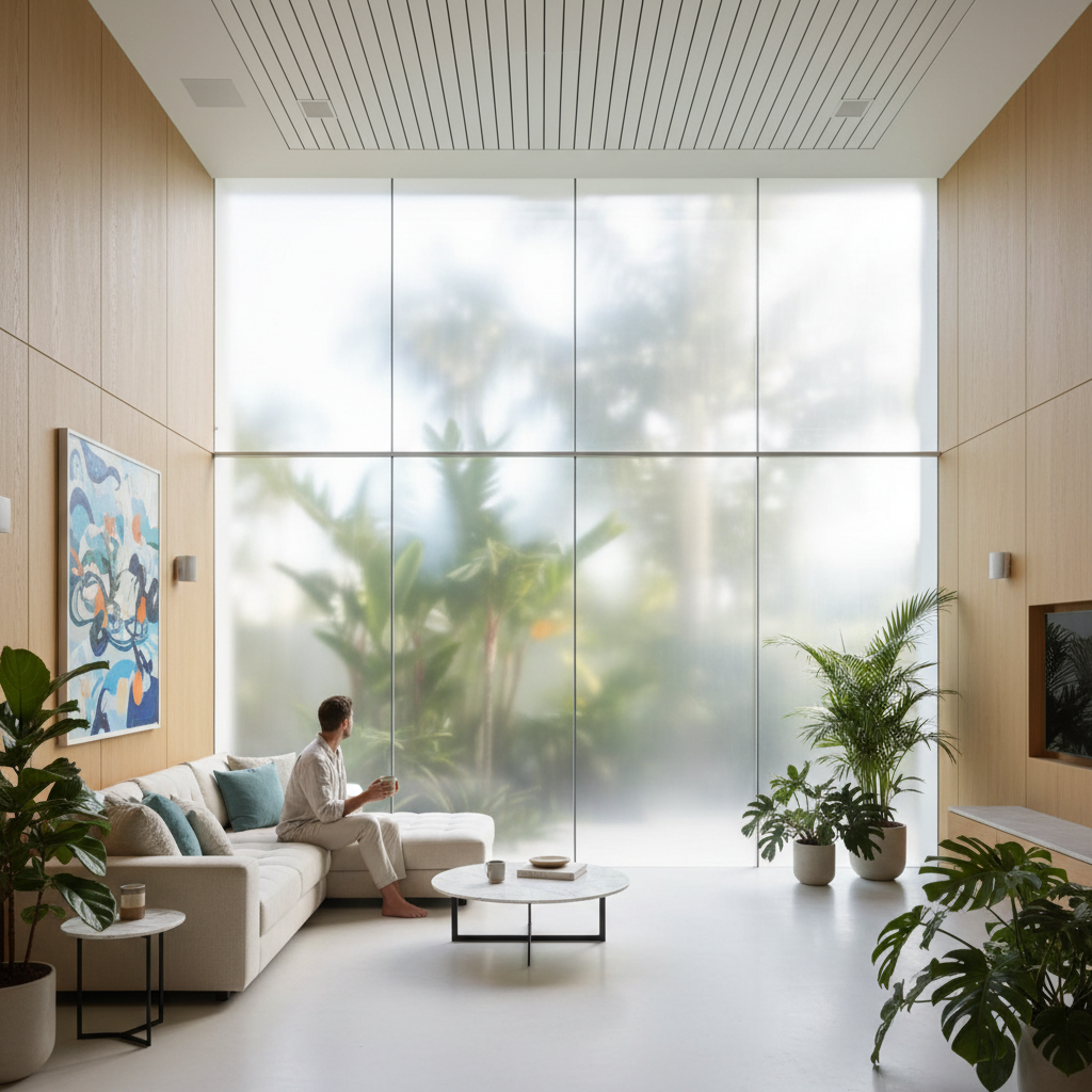 Bright living room with privacy window film, allowing soft natural light and a clear view out, while obscuring visibility from outside.