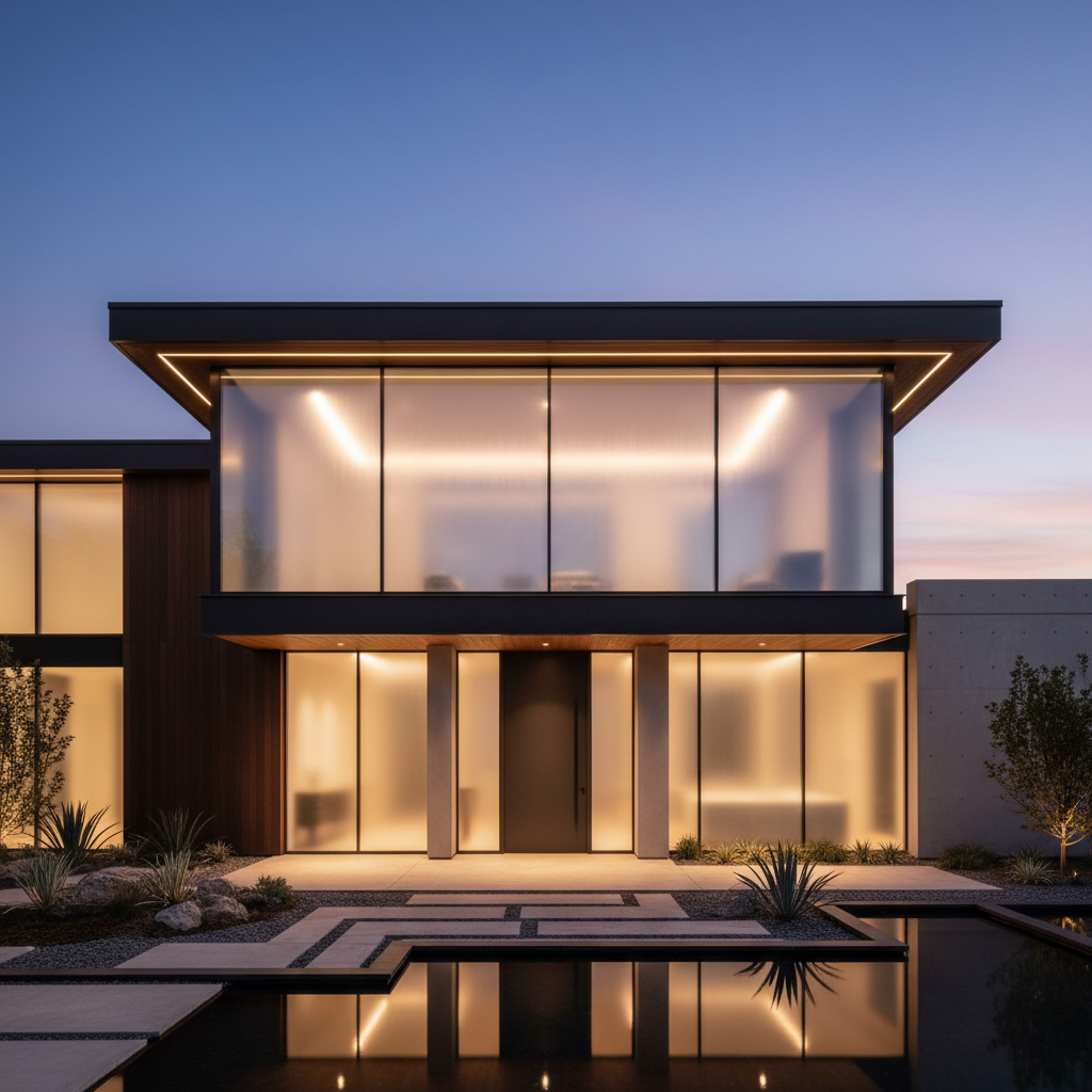 Modern home exterior at dusk with privacy-tinted windows, interiors subtly obscured by film, conveying security and privacy.