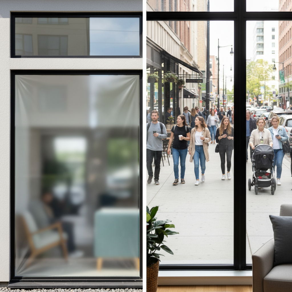 Split image demonstrating privacy: blurred, obscured view into a home from the street, and a clear, detailed view of the street from inside a home with tinted windows.