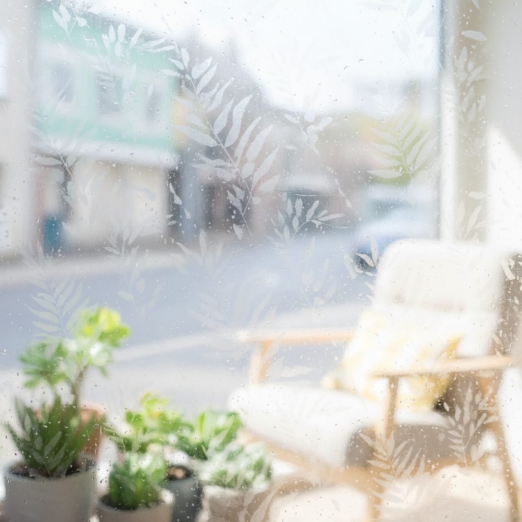 Close-up of a residential window with privacy film, showing a soft frosted effect that obscures the view from outside while maintaining interior brightness.