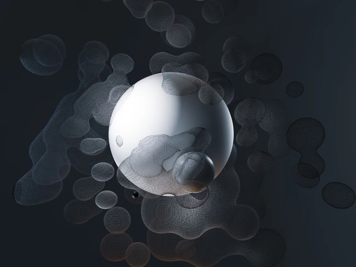 Abstract floating sphere with soft shapes in a dark space representing cellular science behind niacin vs nmn.