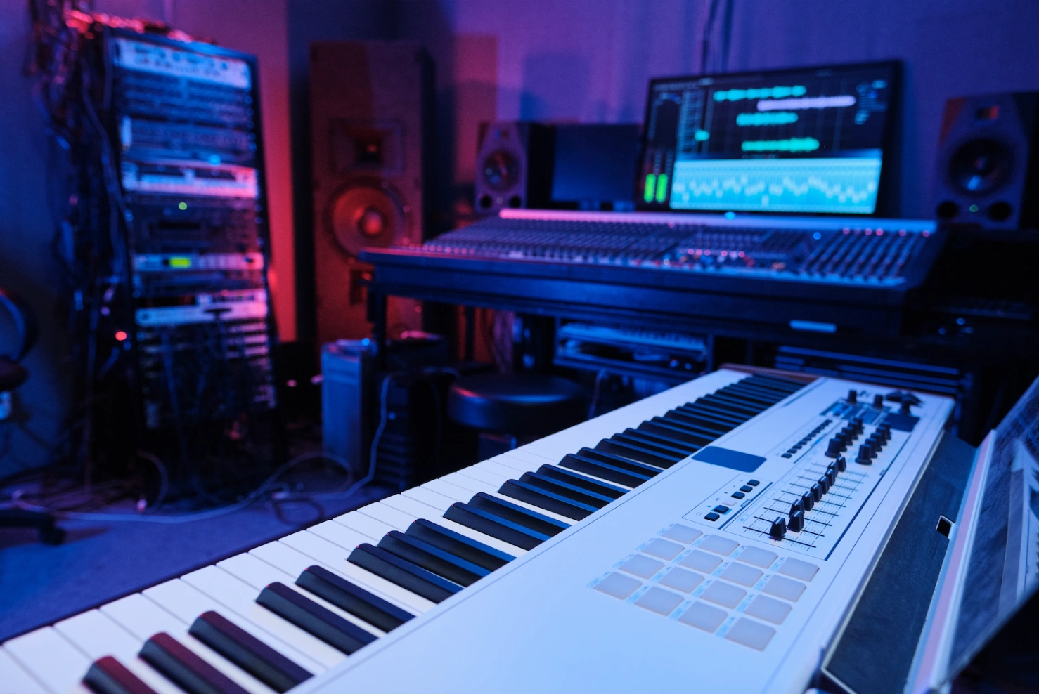 Modern music studio with keyboard and mixing desk used to produce a Bad Bunny Grammy track.
